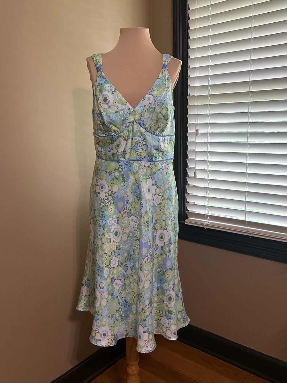 Sigrid Olsen Blue Satin Lined Dress with Floral Trim - Picture 1 of 6